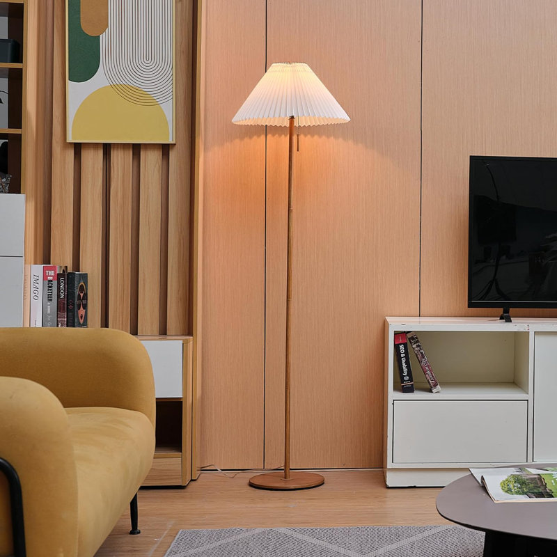 Floor Lamp Faux Wood Finish Pleated Fabric Shade Flat Base Pull Chain Switch On Socket Reading Lamp Home Office Accessories Home Decor Home